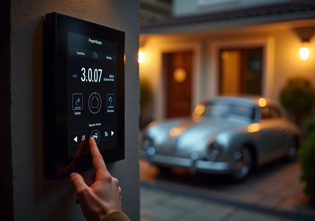 Control unit mounted in stylish garage with hand adjusting touchscreen