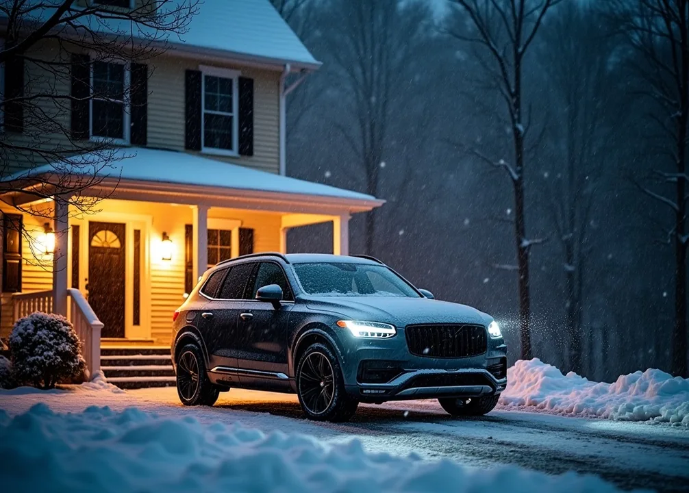 High-end SUV parked on clear heated driveway during heavy snowfall at night