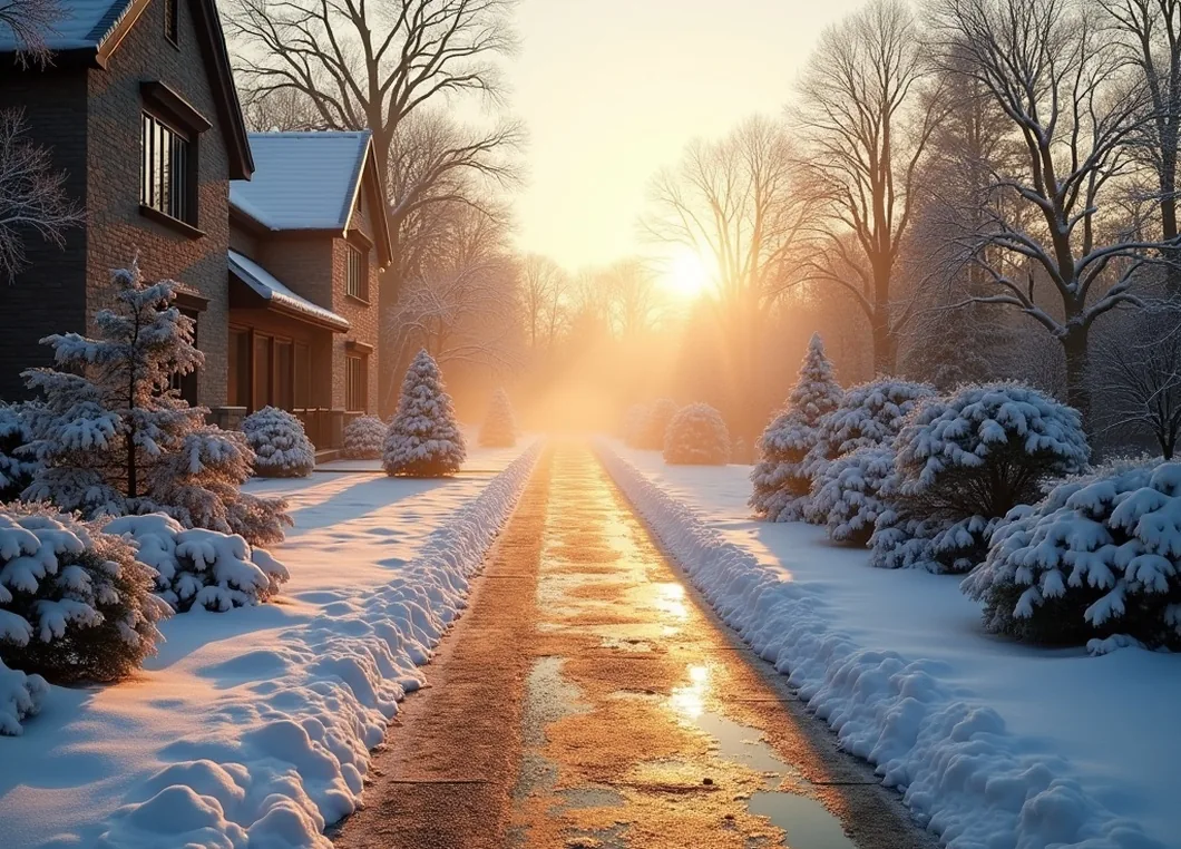 Luxury mansion driveway at dawn with snow melting in clear strips