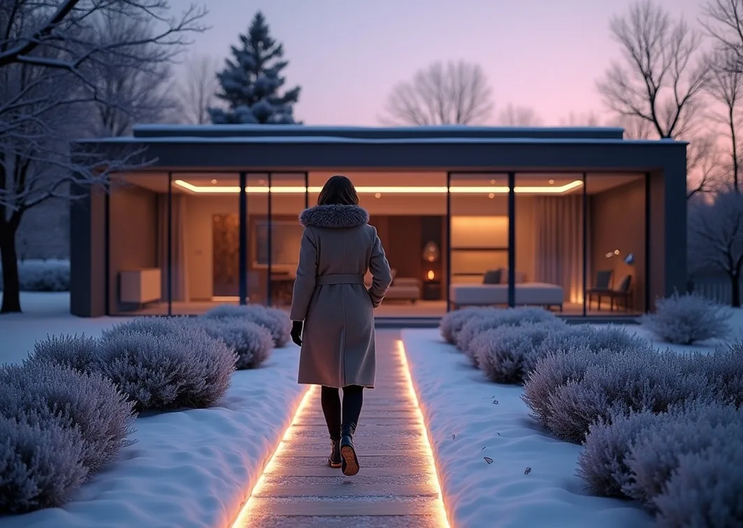Elegant homeowner stepping across snow-free heated walkway