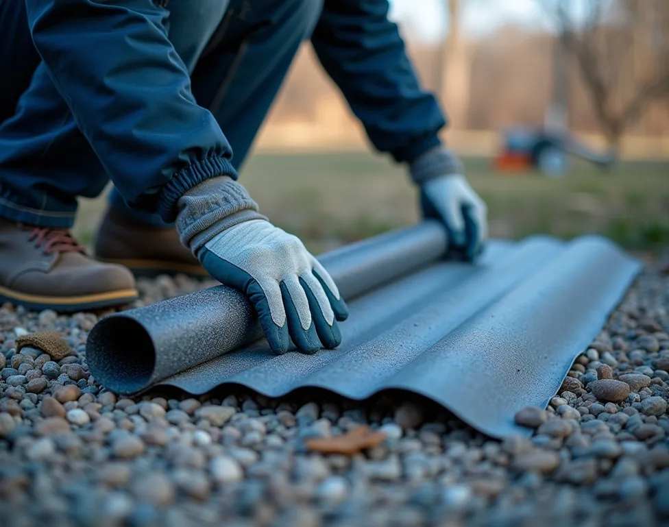 Technician hands laying heating mat on gravel base during installation