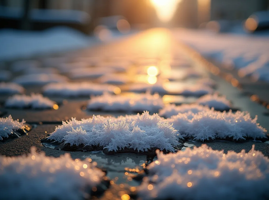 Macro shot of melting snowflakes on warm stone paver surface with heat shimmer
