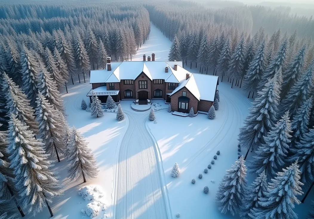 Aerial view of luxury estate with heated driveway cleared through snow