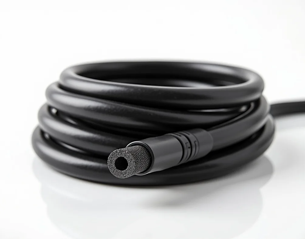 Self-regulating heating cable coiled on white background