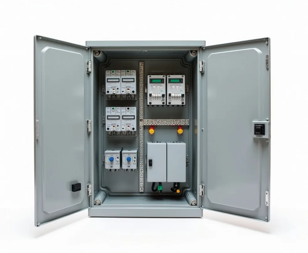 Outdoor-rated electrical distribution panel with door open showing breakers