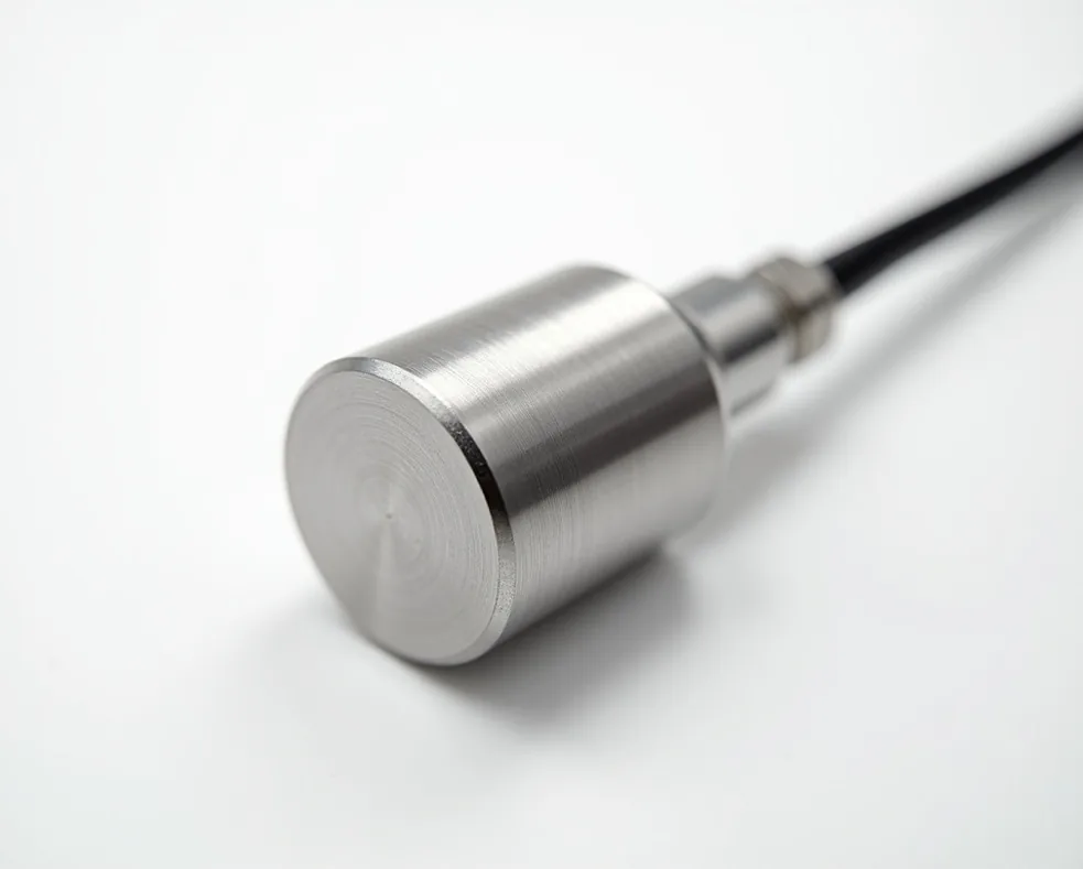 Stainless steel ground sensor probe with attached cable on white background